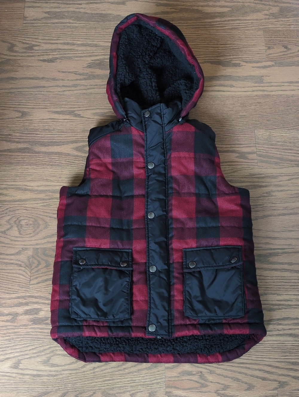Lands' End Kids Buffalo Plaid Sherpa Lined Hooded Puffer Vest Size 8 EUC